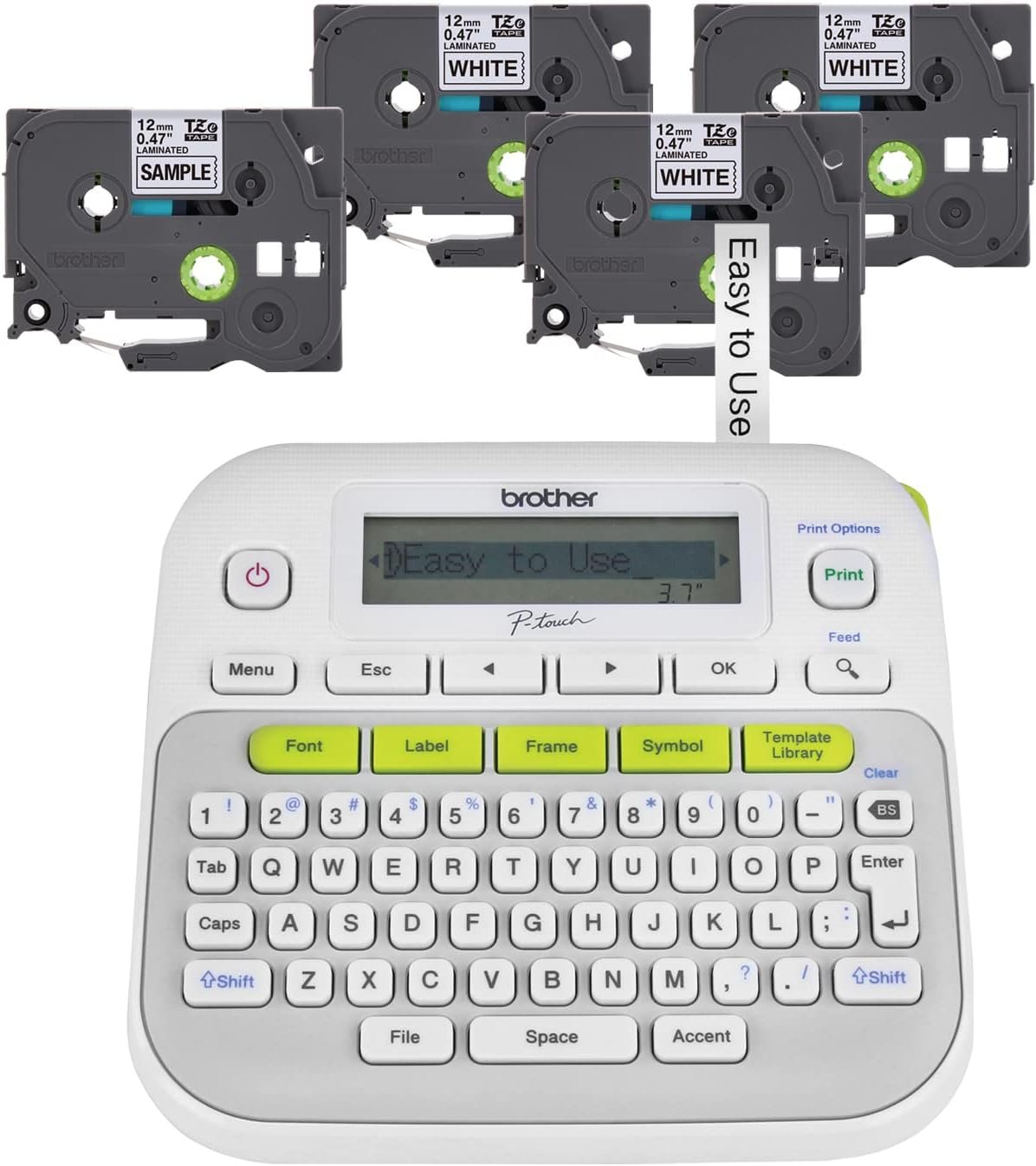 Brother P-touch PTD210 Label Maker Bundle with 4 Label Tapes, White