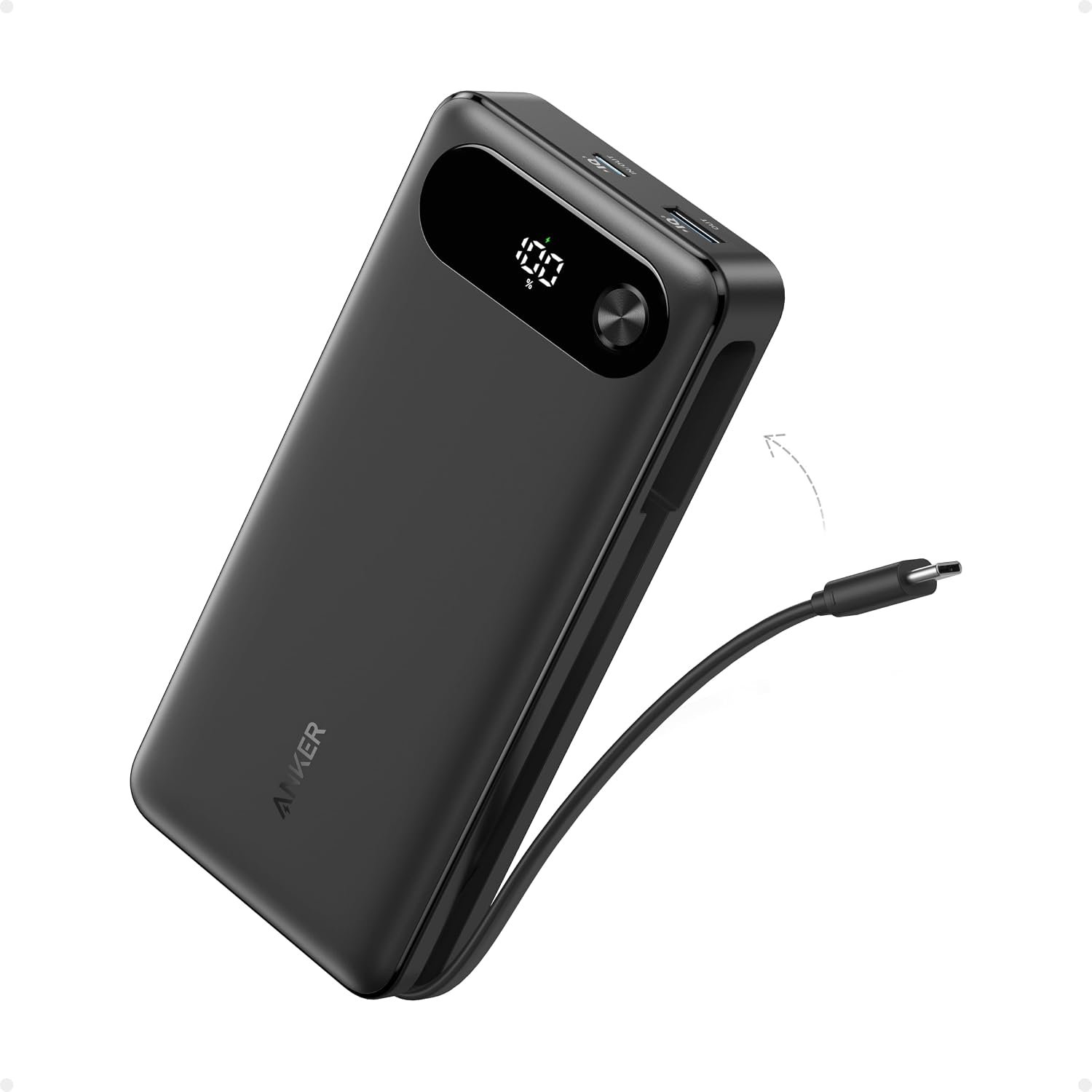 Anker 20,000mAh Power Bank with Built-In USB-C Cable, 87W Max, Black