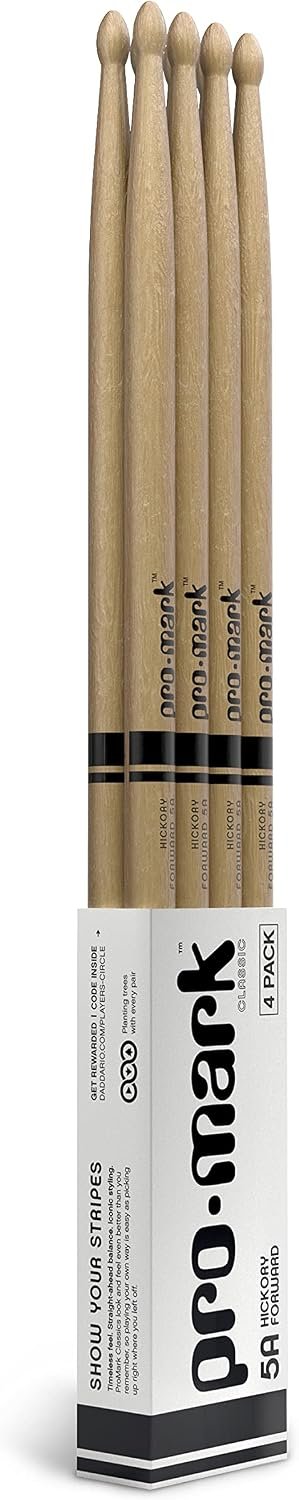 ProMark Classic Forward 5A Hickory Drumsticks – Wood Tip, 4 Pairs