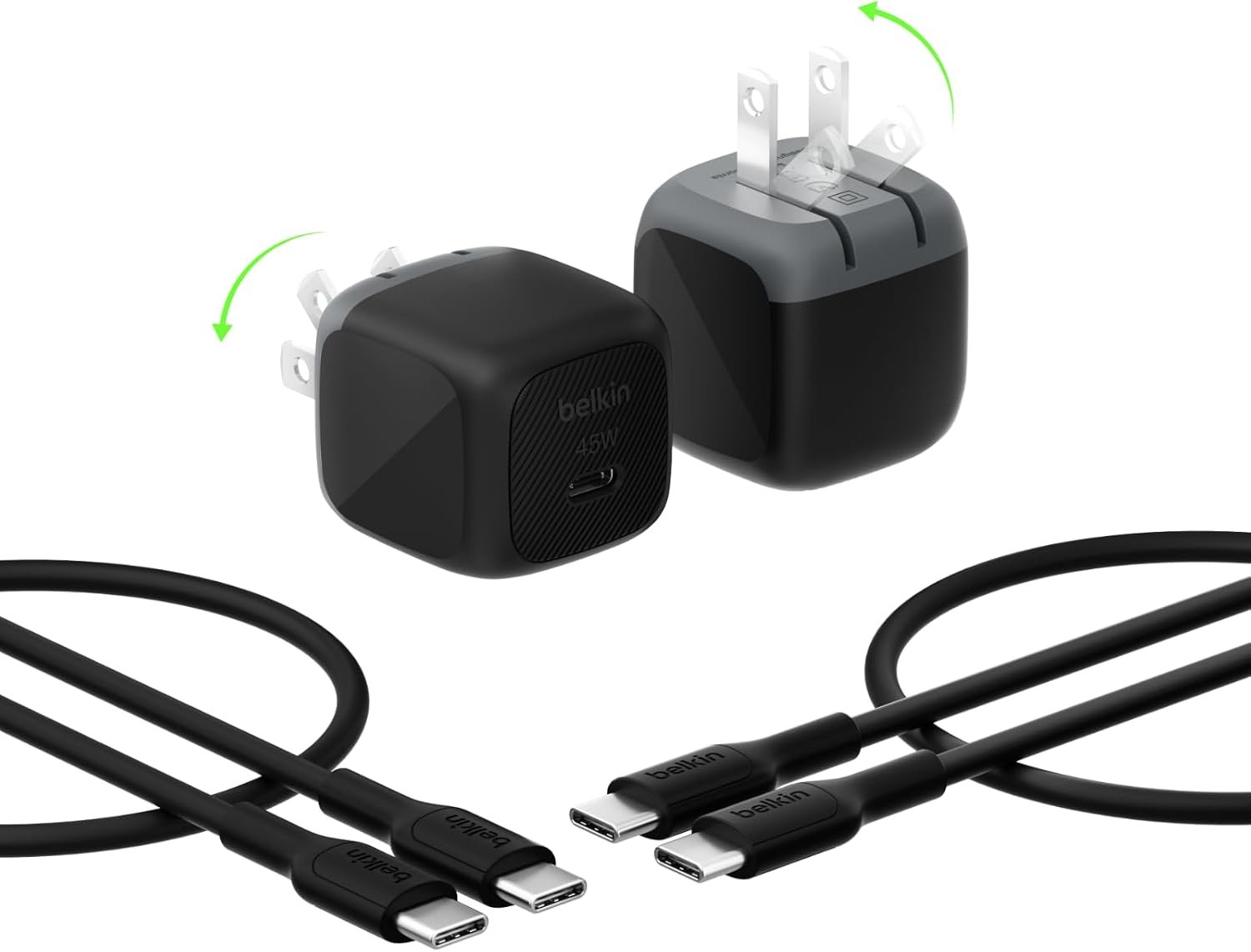 Belkin 45W Compact USB-C Charger Block, 2-Pack with 3.3 ft Cables
