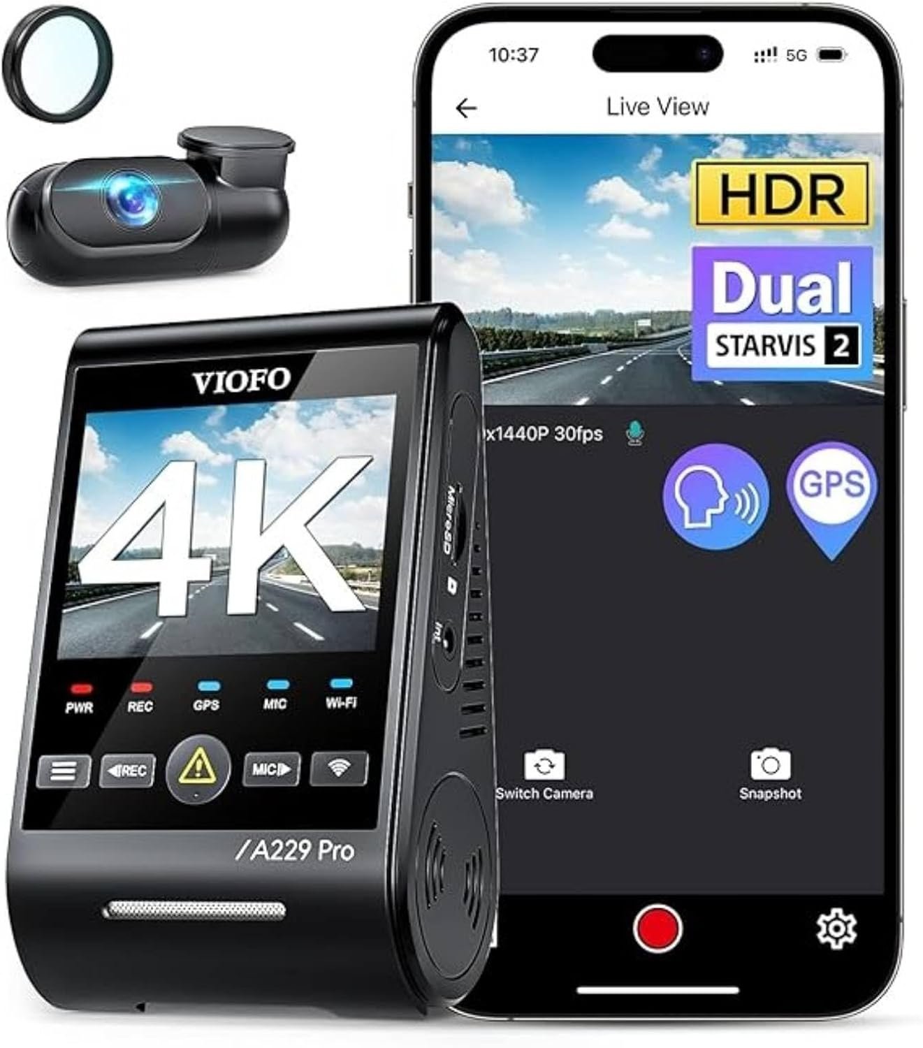 VIOFO A229 Pro 4K HDR Front and Rear Dash Cam with GPS and 5GHz Wi-Fi