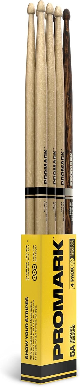 ProMark Rebound 5A Hickory Drumsticks – Acorn Tip, 3 Pairs + Bonus Pair