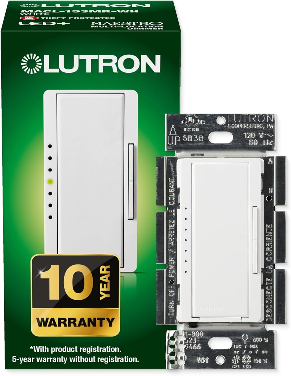 Lutron Maestro LED+ Tap Dimmer Switch, MACL-153M-WH, White