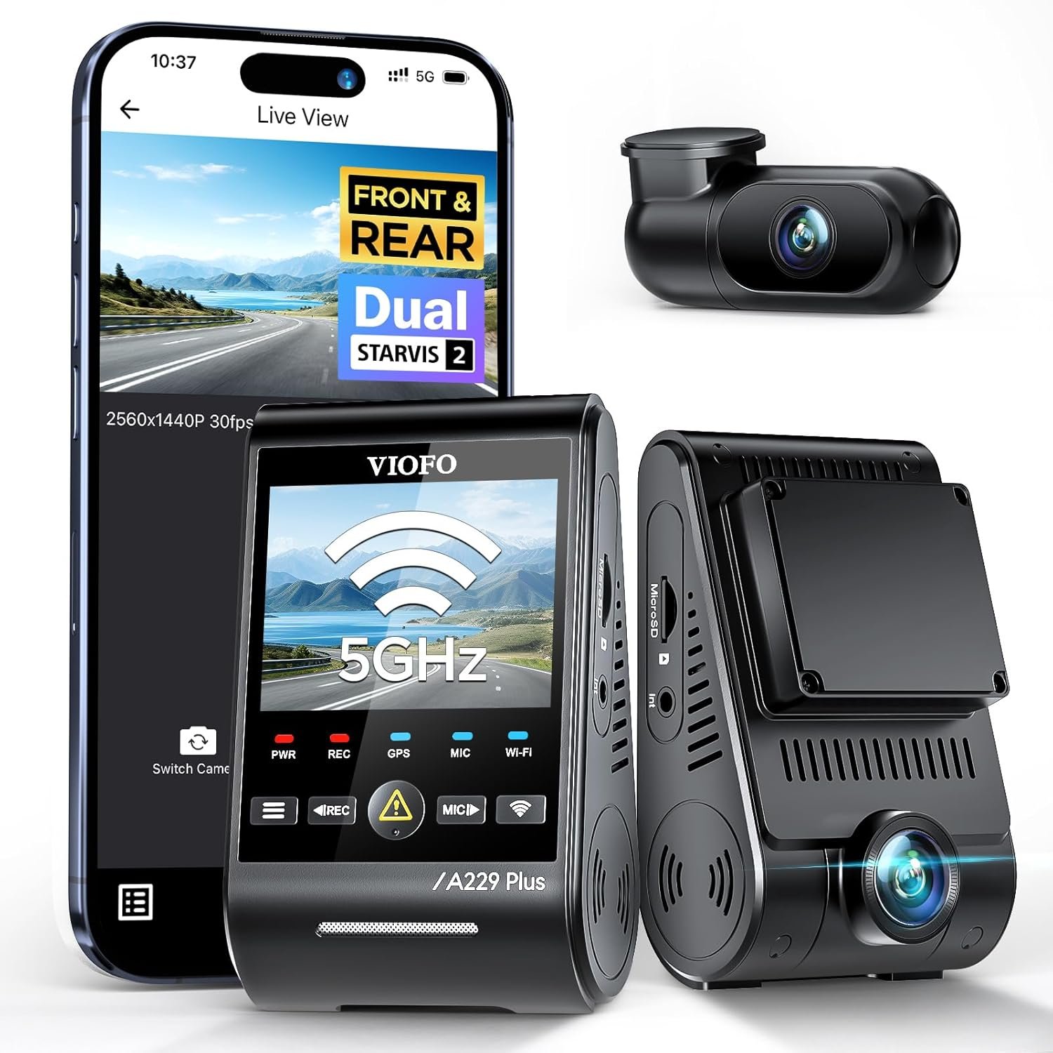 VIOFO A229 Plus 2K Front and Rear Dash Cam with GPS and 5GHz Wi-Fi