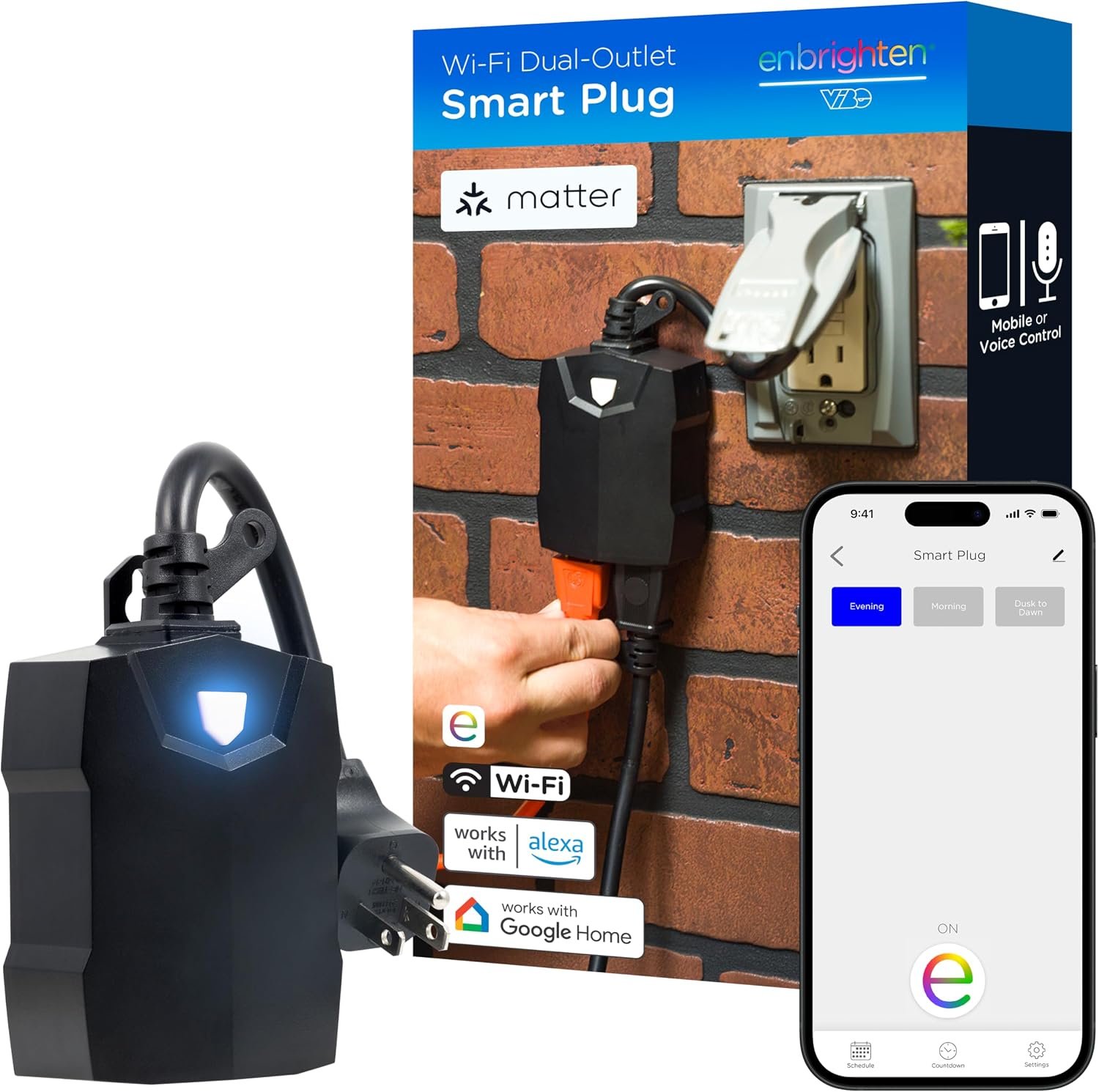 Enbrighten Matter Outdoor Smart Plug, 2 Outlets, Weatherproof, Black