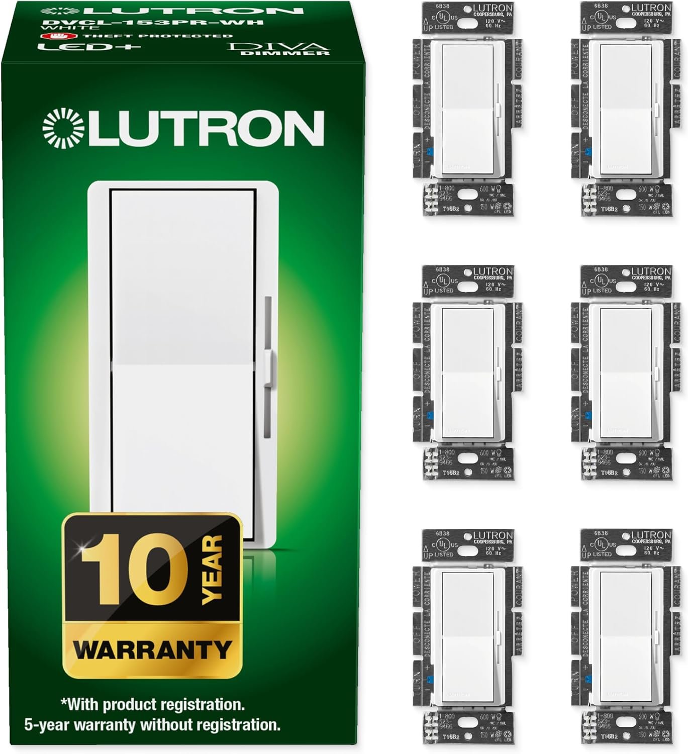 Lutron Diva LED+ Paddle Dimmer Switch, DVCL-153P-WH, White, Set of 6